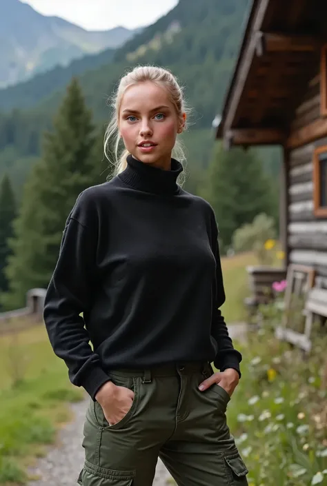 live-action、Real、nude, Beautiful Swiss girl,  black turtle neck sweater, army green cargo pants, long legs, Light blonde、pony tail、big breast, outside mountain cabin the Alps in Austria, whole person 