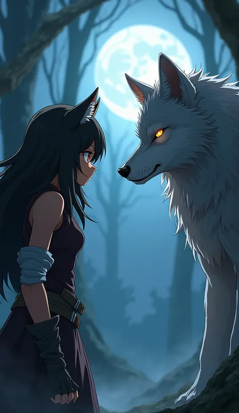 A dramatic face-to-face scene between an anime character and a wolf hybrid in a moonlit forest. The character has sharp anime eyes with a determined expression, and wolf ears and fur along their arms and neck, blending human and animal features. The hybrid...