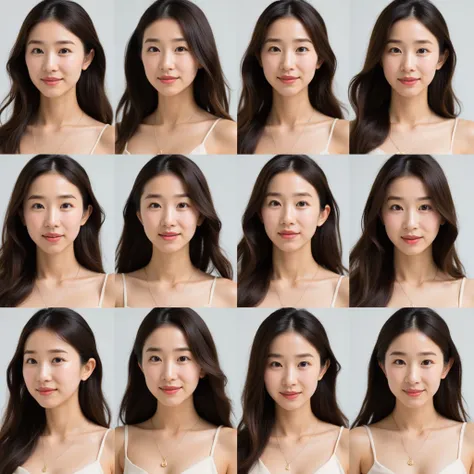 A grid depicting the same slender asian woman with many different emotions .