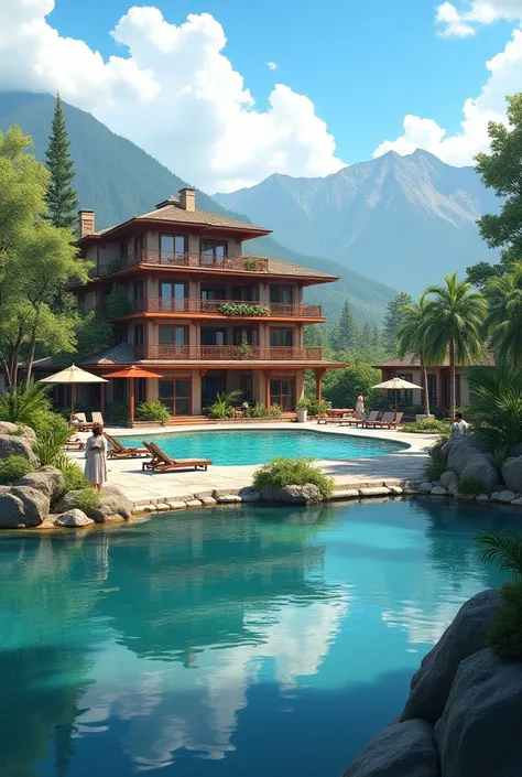 A lake 3 story hotel by the name Noah’s Ark. it is located by the lake, it it beautiful with many apartment buildings and a swimming pool, overlooks the lake, has a car park, has lots of palm trees and koi fish ponds, it has a gym, the buildings are well b...