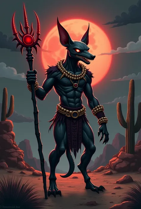 A dark villain inspired by El Xoloitzcuintle, the mascot of Club Tijuana, set in a shadowy, desert landscape of northern Mexico under a pale, ghostly moon. The character appears as a terrifying, anthropomorphic Xoloitzcuintle, with sleek, hairless skin tha...