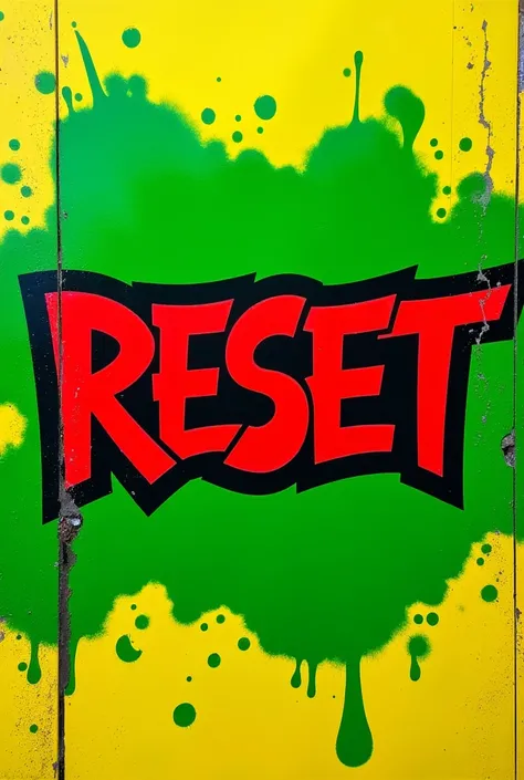 Vertical image with a  "Reset " centered with red letters bordered with strong black on a green graffiti style paint stain,  and scattered green spots and yellow background