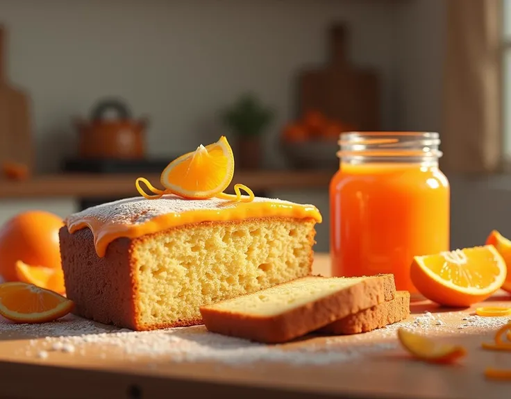 Realistic cake, orange and orange jam in a jar in the kitchen