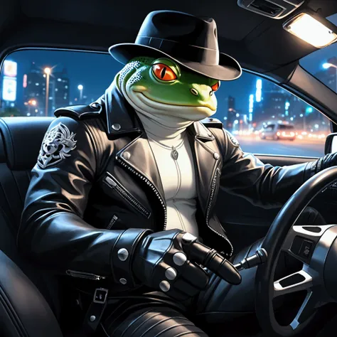 Closeup, anime style photo of an extremely badass anthropomorphic light blue and white bullfrog wearing an insanely cool black leather biker jacket open, black fedora, black leather biker gloves, black leather biker pants, inside a car, driving, night city...