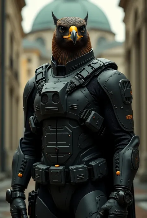 A bird in bodyguard suit