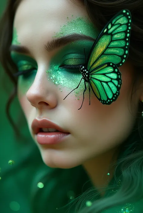 makeup look green tone with butterfly, shiny