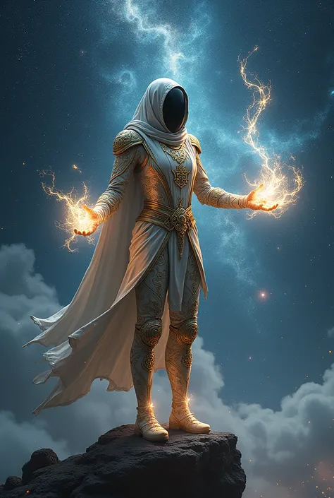 A space mage, adorned in an elegant spacesuit covered with mystical symbols, stands on an asteroid in deep space, casting spells that weave visible lines of light through the stars. His gloved hands create intricate, glowing shapes that ripple through the ...