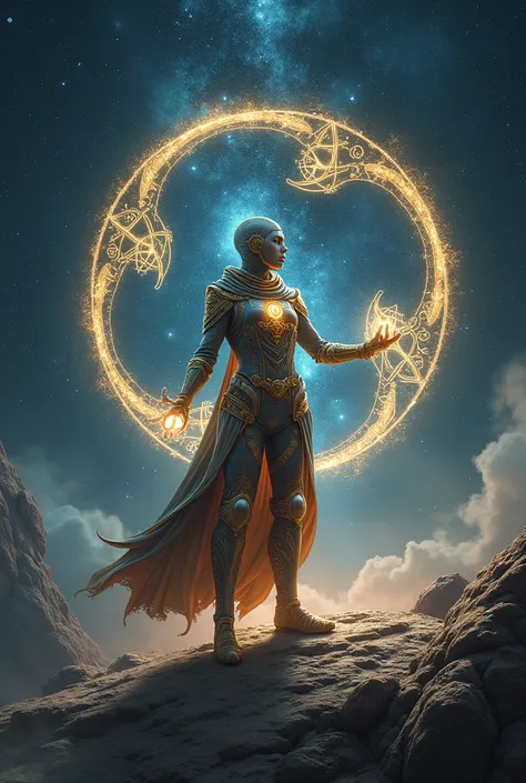 A space mage, adorned in an elegant spacesuit covered with mystical symbols, stands on an asteroid in deep space, casting spells that weave visible lines of light through the stars. His gloved hands create intricate, glowing shapes that ripple through the ...