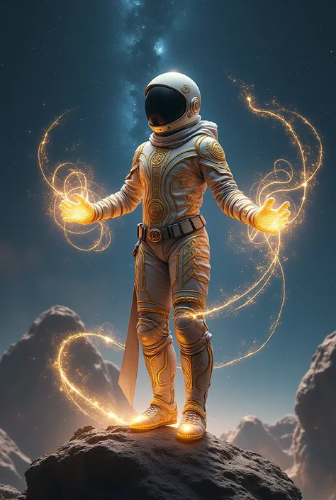 A space mage, adorned in an elegant spacesuit covered with mystical symbols, stands on an asteroid in deep space, casting spells that weave visible lines of light through the stars. His gloved hands create intricate, glowing shapes that ripple through the ...