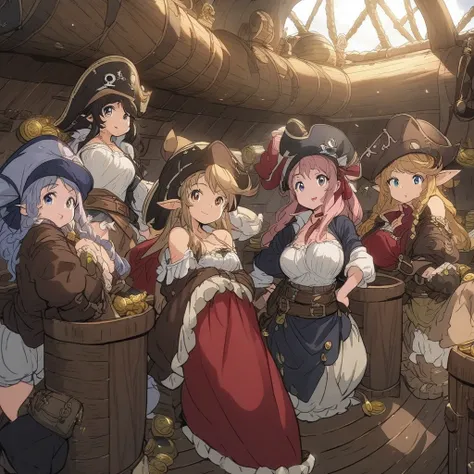 Anime, high detailed, a full girls pirate team,  multiple girls, pirates ship, pirates clothes, long spiked hair, elf ears, pirates crew, treasures chests between them, their hands dripping with golden coins