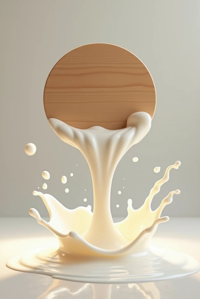 Make a picture in which there is a round piece of wood in the air and milk falling down from it.