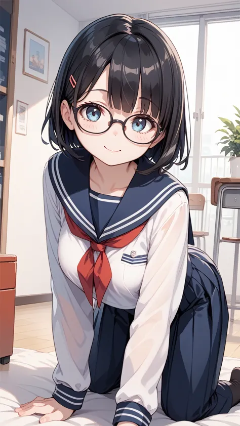  1 girl, black hair, Glasses, sailor suit,first round,Lead, cute, is on all fours