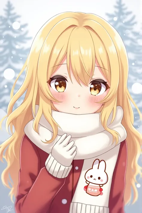 Anime girl wavy blonde hair cinamorroll scarf white winter scarf red clothing with blush eye print on the face lenses down