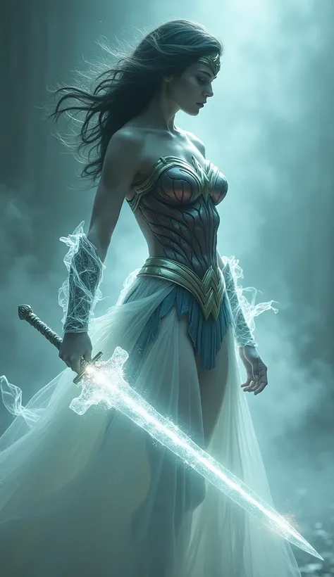  Wonder Woman as an ethereal wraith with ghostly armor, a transparent sword looks lik a scary ghost and a haunting glow, representing ancient spirits