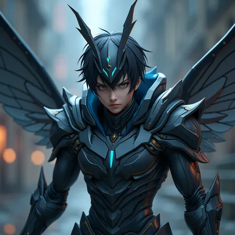 a 19 year old anime male character, strong villain, exiled, wearing a full body armor inspired by his mosquito spirit animal, dark-toned metallic grey armor with silver and blue details, armored shoulders with sharp spikes, metallic wings on the back, styl...