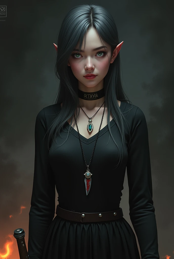 The image is a digital painting or rendering of a young woman, OCTAVIA, with long dark hair streaked with gray. She has striking green eyes and is wearing dark clothing, including a choker necklace with her name on it and a pendant necklace.  She is holdin...