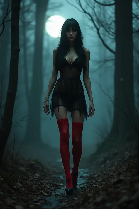  Photorealistic image of a stunning young woman wearing red-and-black socks and lingerie, high heels, and ultra-short semi-transparent black dress ,  walking along the dark and creepy forest , Just the light of the full moon  ,  long straight black hair , ...