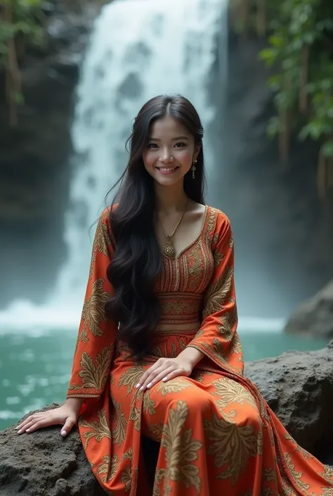 Poto realistic a beautiful girl with long and well-groomed hair and wearing beautiful gamis,  she is sitting on the rocks near a very beautiful waterfall . And the look on her face looks bright and cheerful 