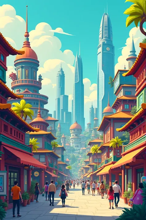 Thành phố trong tương lai vẽ theo kiểu hoạt hình,Fun atmosphere,bustling,colorful , has its origins as well as advanced constructions but must be simple so that the viewer can redraw