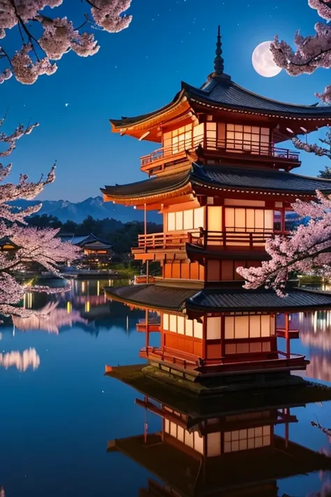 「 highlight the traditional Japanese pagoda and cityscape with 、 depict it under a beautiful night sky surrounded by cherry blossom trees。Big moon and stars 々While shining、Mountain々 towering in the background 。」
