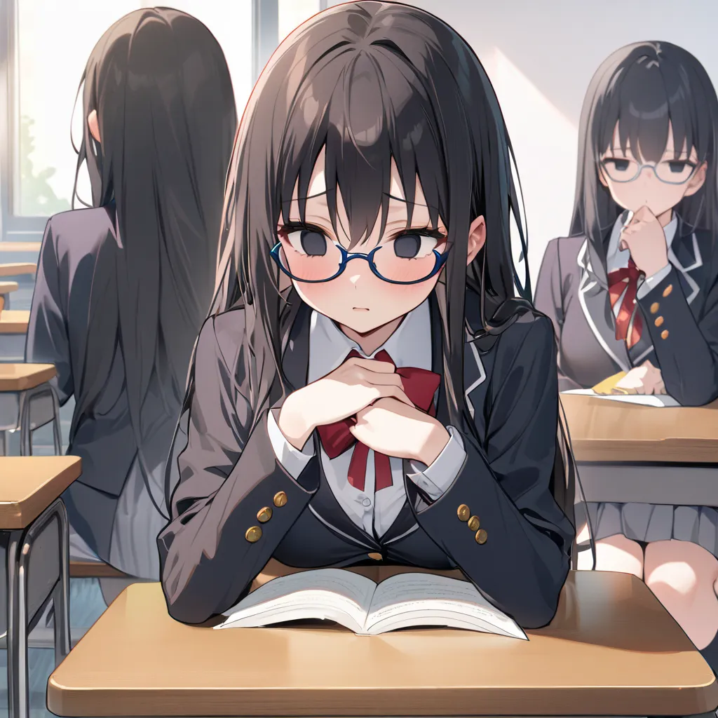 （masterpiece, best quality:1.2)、 high school girl、 black hair、very long hair、black eyes、empty eyes、 slender、(((glasses)))、黒いscho...