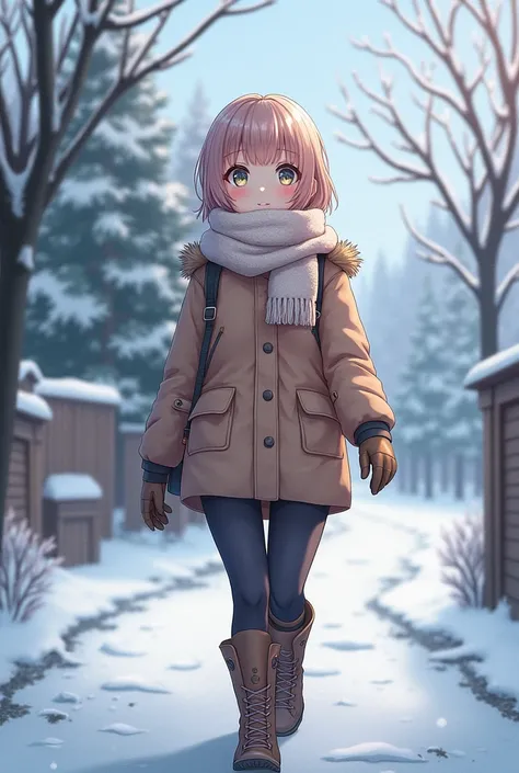 Adult anime short hair girl wearing winter outfite and walking