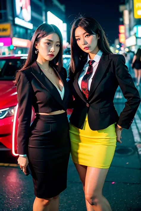 Prostitutes wearing high-class office lady clothes standing in neon street at night