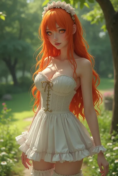 (( stain)), (( masterpiece)), (Familiar with),  perfect face , (Prequel ), (cure Muse),  Lolita Dress, (  without skirt ), background, park, Long hair, Orange hair,  orange eyes , Pubic sclera , Multicolored eyes,  big breasts ,  White Stockings,