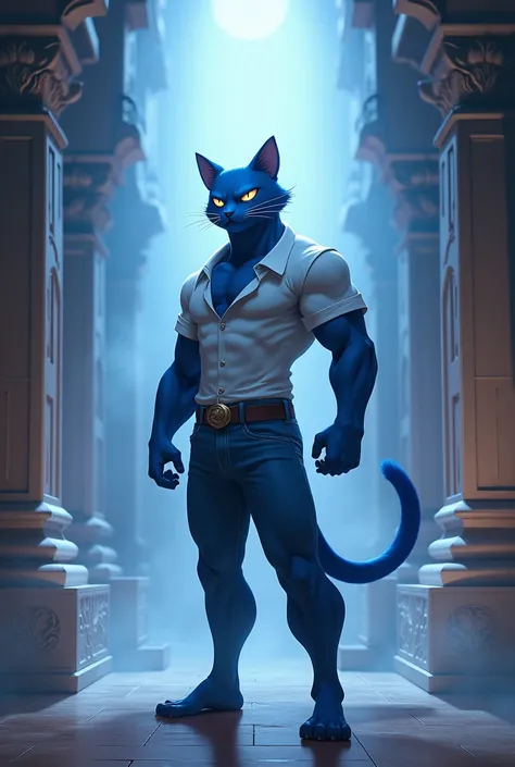 
anthropomorphic, muscular cat with human-like features, is blue jeans white shirt 
Create a calm scene inside the temple immediately after the Brahmarakshas is trapped. Ek Billa stands alone in the center, surrounded by a soft glow filling the temple, sym...