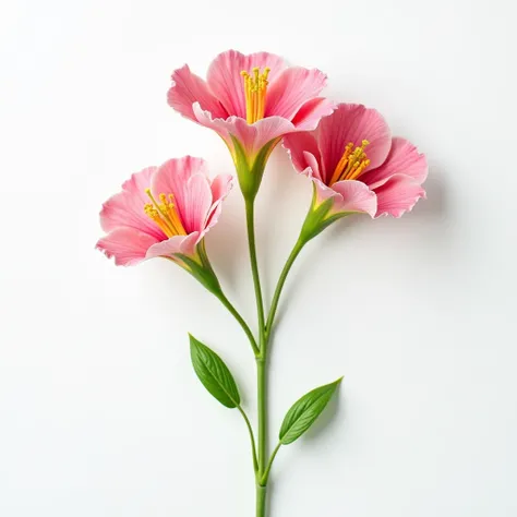 Creating a Chaiyaphruek flower. View from above with green stems, white background, 5 ruffled pink flowers, long pointed, yellow anise, showing only one flower, slightly curved stem. View from above. Pink leaves are 3 times longer, 5 wrinkles, and longer l...