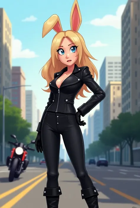 2D, flat color, city background, side of highway, motorcycle, standing, 1 woman, very detailed, Cream the Rabbit from the sonic the hedgehog series, portrait, above shoulder, puzzled expression, sound lines, open mouth, (makeup), hair down, long hair, bike...