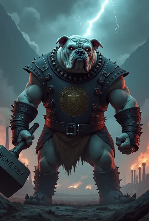 A dark villain inspired by El Perro Bulldog Inglés, the mascot of Club Monterrey, set in an industrialized, stormy landscape in northern Mexico. The character is a towering, anthropomorphic bulldog with a massive, muscular frame, his fur a mottled white an...