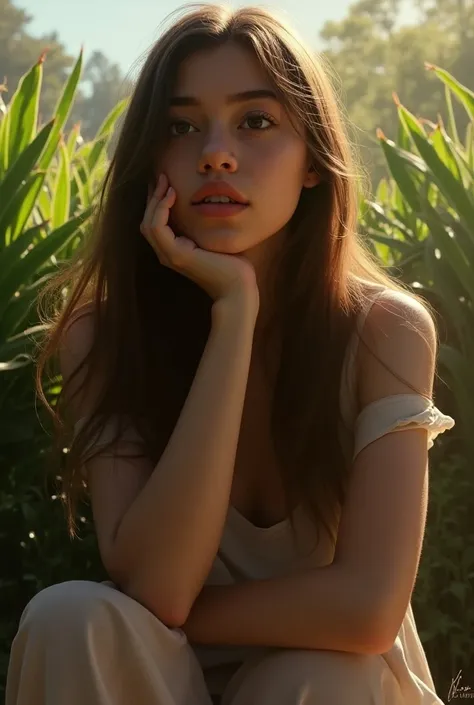 (photorealism:1.2), girl, long straight hair, misses late father, outdoors, soft lighting, plants in background, sky, relaxed pose, realistic, warm colors, expressionism art inspiration,