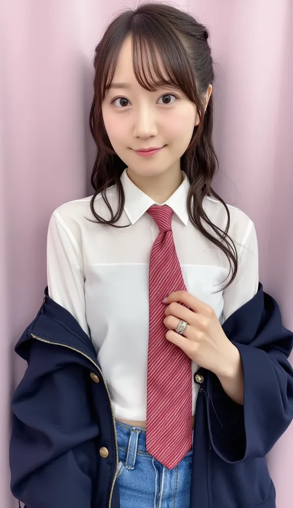 1 girl, (  white shirt with red tie  ,  wearing a navy blue jacket:1.2),   a portrait of a very beautiful japanese idol , 
( raw...