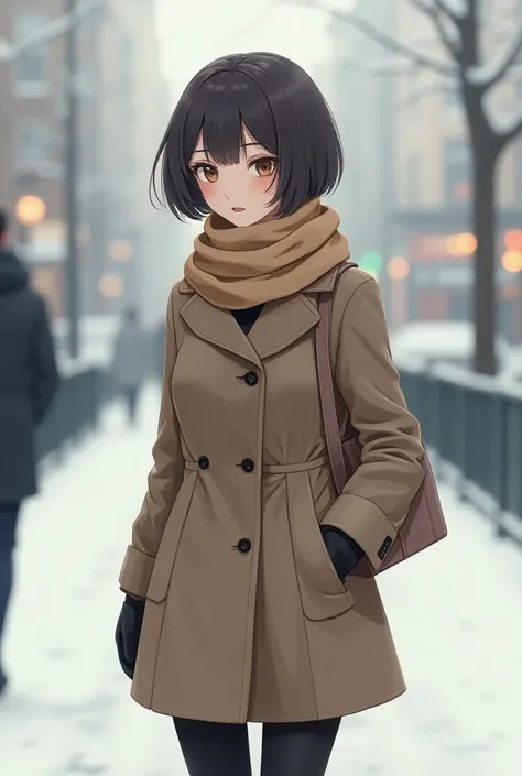 Adult anime short hair woman wearing winter outfite side view walking