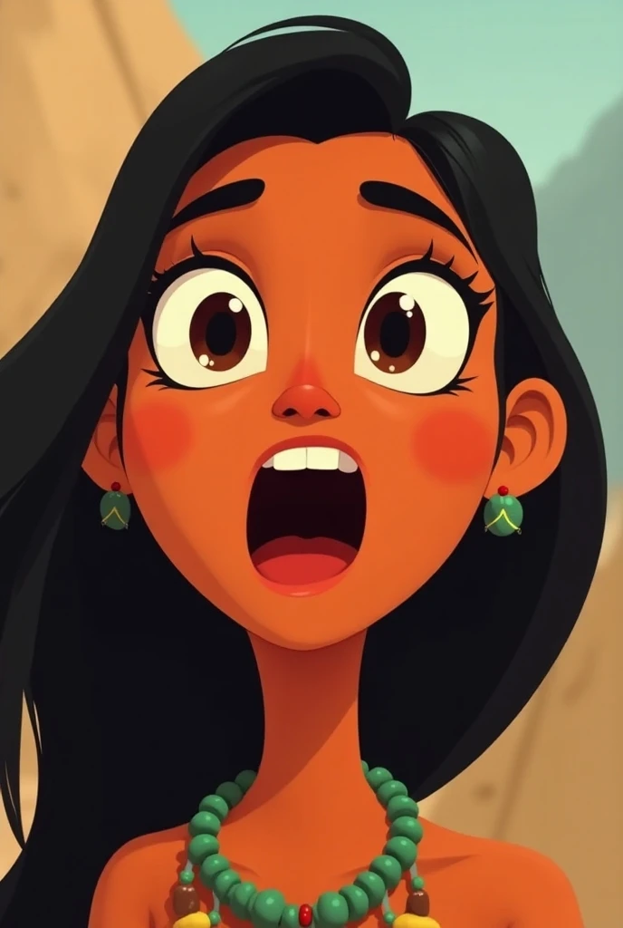 Young indigenous woman animated in a simple way with her mouth wide open
