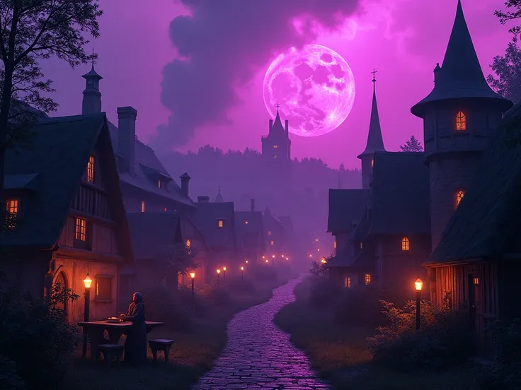 Medieval village with purple and black neon flames 