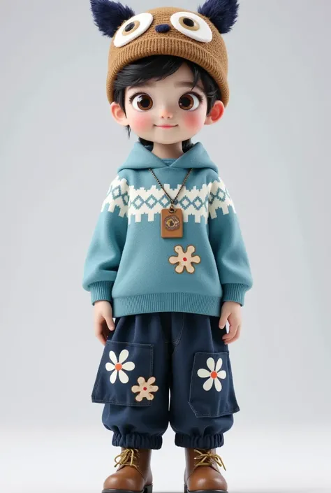 cute cartoon boy, adorable headgear, full body, winter fashion clothes, gaze at viewer, standing pose, 3D render, idle, extremely detailed, intricate fabric textures, (best quality,4k,8k,highres,masterpiece:1.2),ultra-detailed,(realistic,photorealistic,pho...