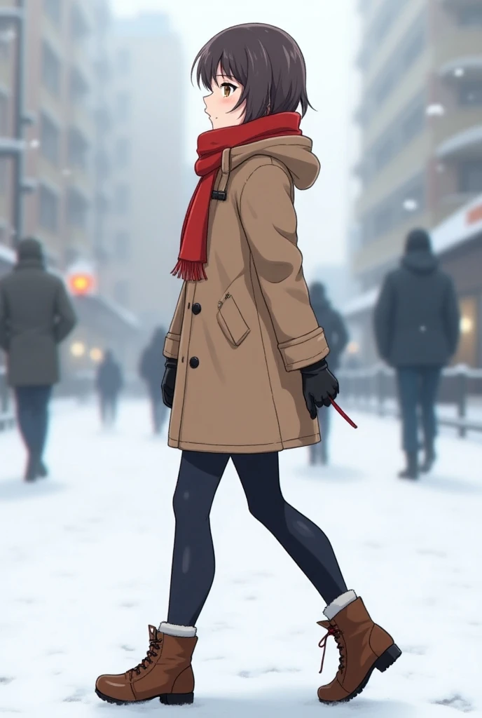 Adult anime short hair woman full body  wearing winter outfite side view walking