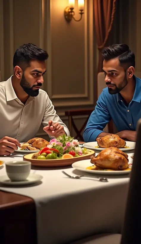 Create a realistic image of Indian cricketer Virat Kohli and Gautam Gambhir in which both are eating chicken on dining table and talking 