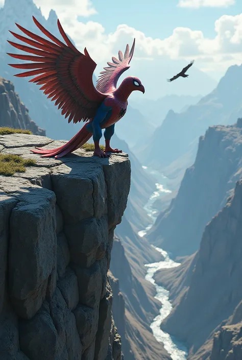  "In a vast mountain range, a Spider-Man hybrid with eagle wings perches atop a rocky cliff, looking out over the landscape. Below, a majestic eagle soars through the air, and they seem to be in harmony, their eyes meeting for a moment as they share the sa...