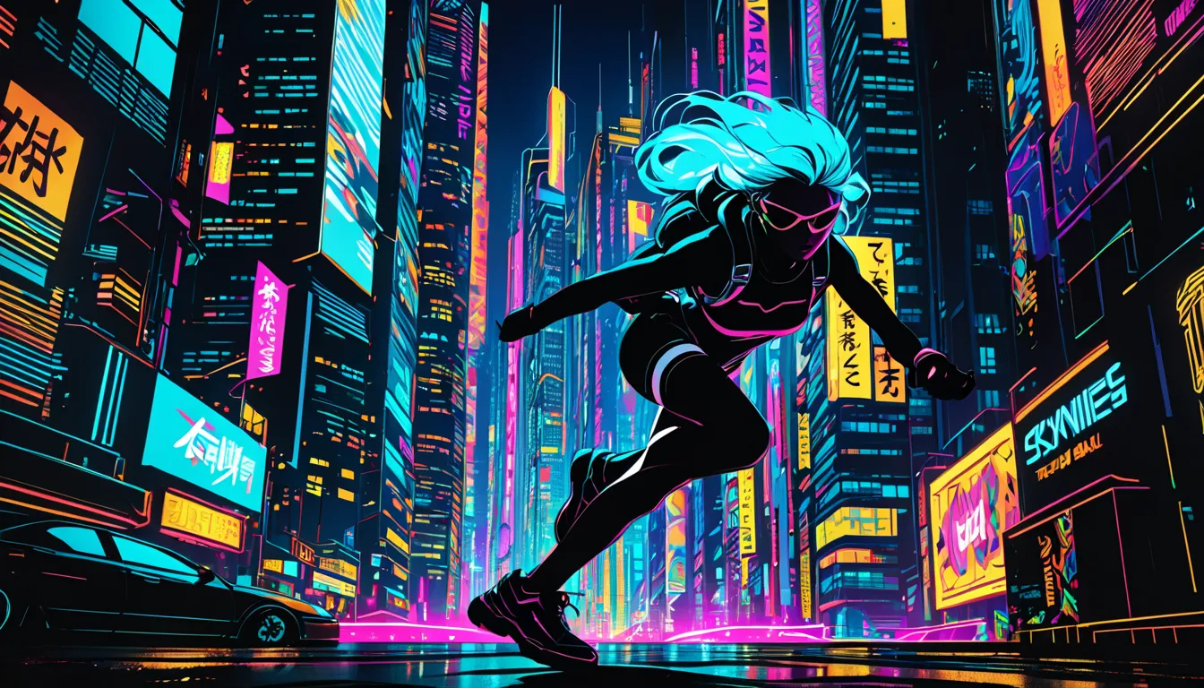 a cut-in of a woman diving from a towering skyscraper to the ground set against the backdrop of a neon-lit city filled with high...