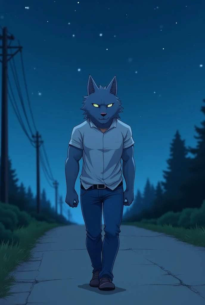 
anthropomorphic, muscular cat with human-like features, is blue jeans white shirt 
Depict Billa walking alone along a quiet road toward his home, under a starry sky. He has a pensive expression, reliving the night’s events in his mind. Ek Billa, still wea...