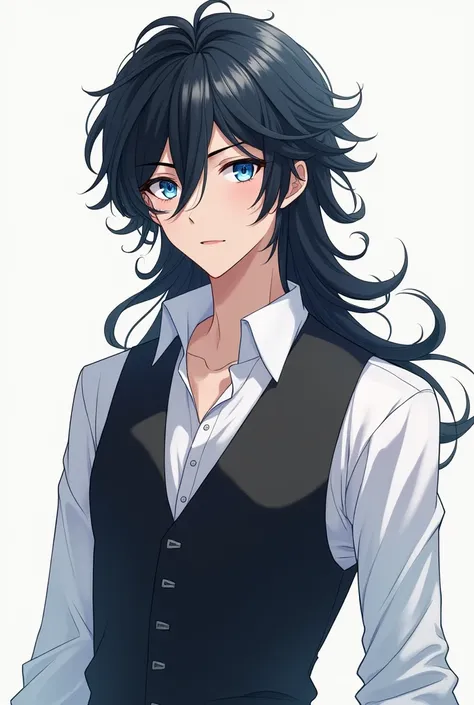 Believe me, an anime boy with black hair and blue eyes and a white shirt and a black vest. Long hair., black hair,  tall size 