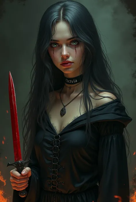 The image is a digital painting or rendering of a young woman, with long dark hair streaked with gray. She has striking green eyes and is wearing dark clothing, including a choker necklace with her name "OCTAVIA" and a pendant necklace.  She is holding a b...