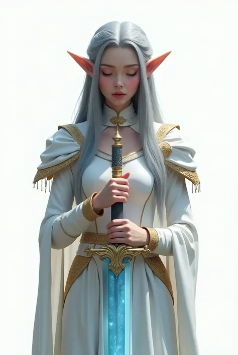 live-action、 real、 beautiful elf girl standing upright with her hands over a beautiful decorated ceremonial longsword、Ceremonial swords 、 have blue, clear blades, and light emitting light 、Gray Hair、 straight long hair 、 Clear White Skin、 white ceremonial ...