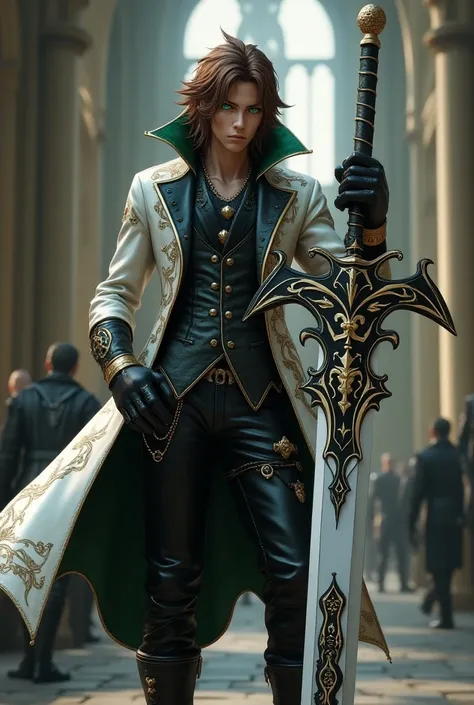 Create Kingdom Hearts style a man with long wavy brown hair with green eyes wearing a white and black metallic overcoat with ornaments wearing a beautiful black boot with ornate gold chains holding a giant keyblade with white blade with black ornaments in ...