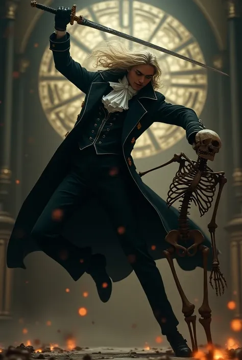 ((hyperrealism)) alucard, With his sword , (Castlevania)  in black Victorian clothing , with gold details,  ruffled white throat , ((photographic)) overcoat jacket,  with a large folded collar ,  Victorian coat ,  wavy hair , light blond, very long,very lo...