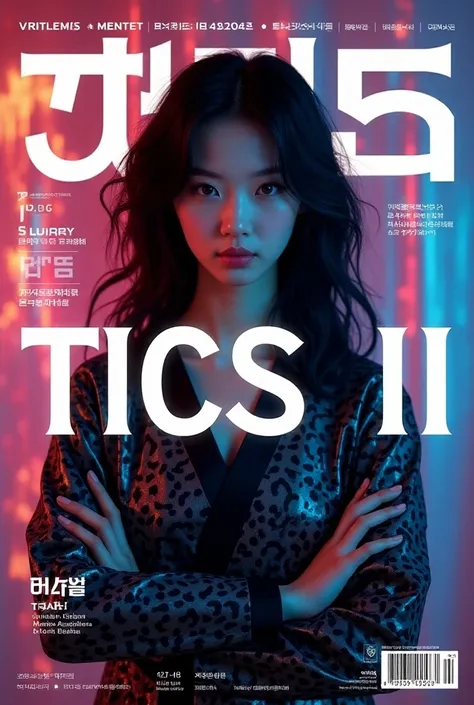   The word TICS II stands out in the cover image of a magazine about AI with black hair,  ripped brown eyes  ,  creative and colorful ,  full body with Korean clothing . 