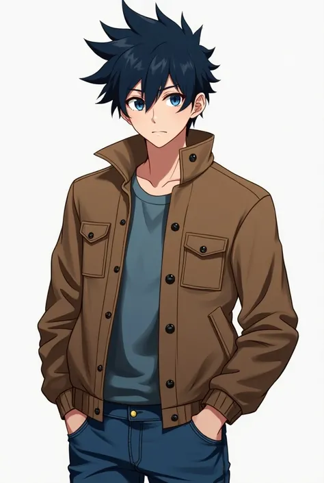 Anime boy with black hair and a blue tuft and with a brown jacket and jeans , Blue eyes and 24 years old 